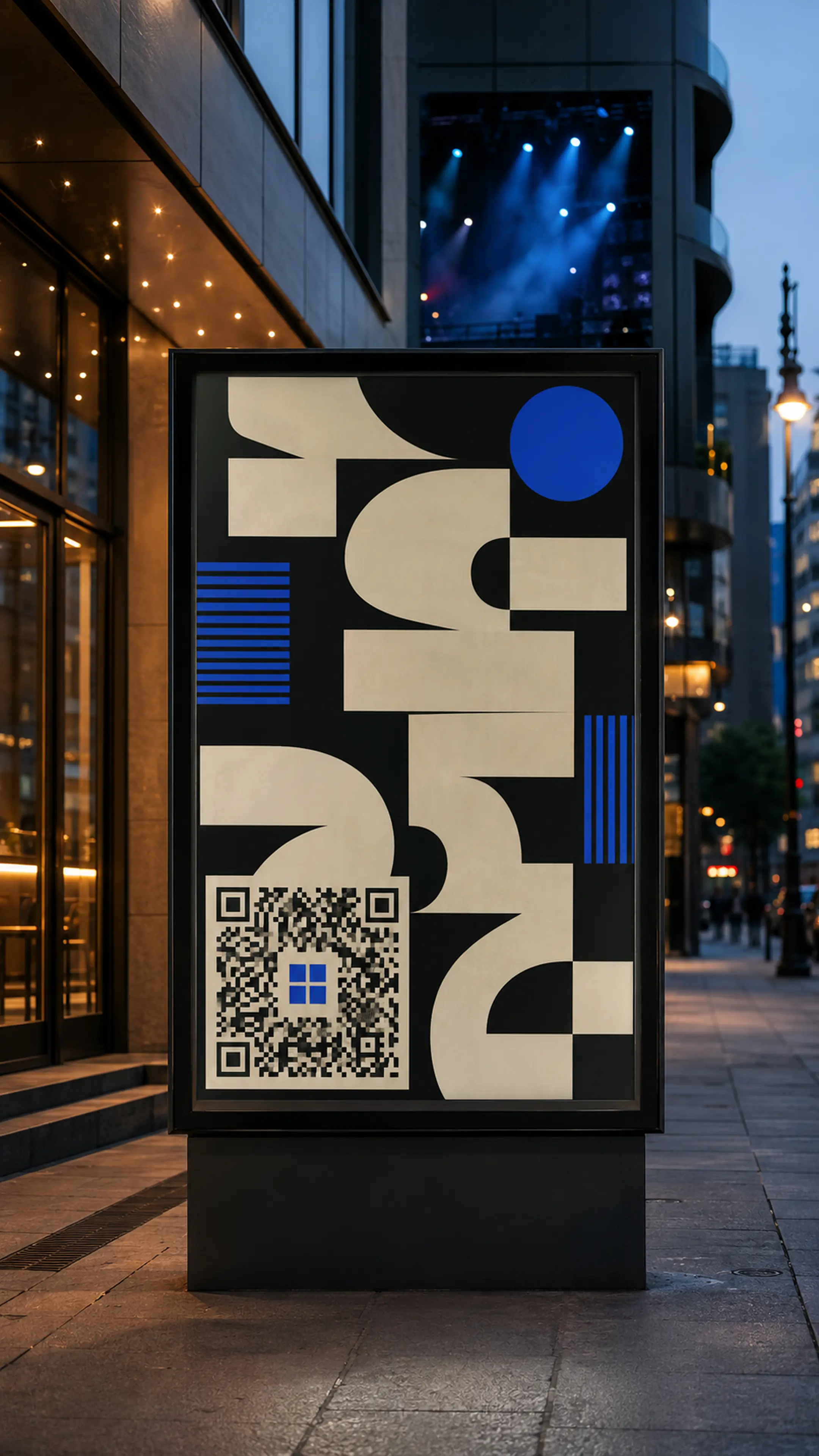 A live music poster in a city street, with a QR code
