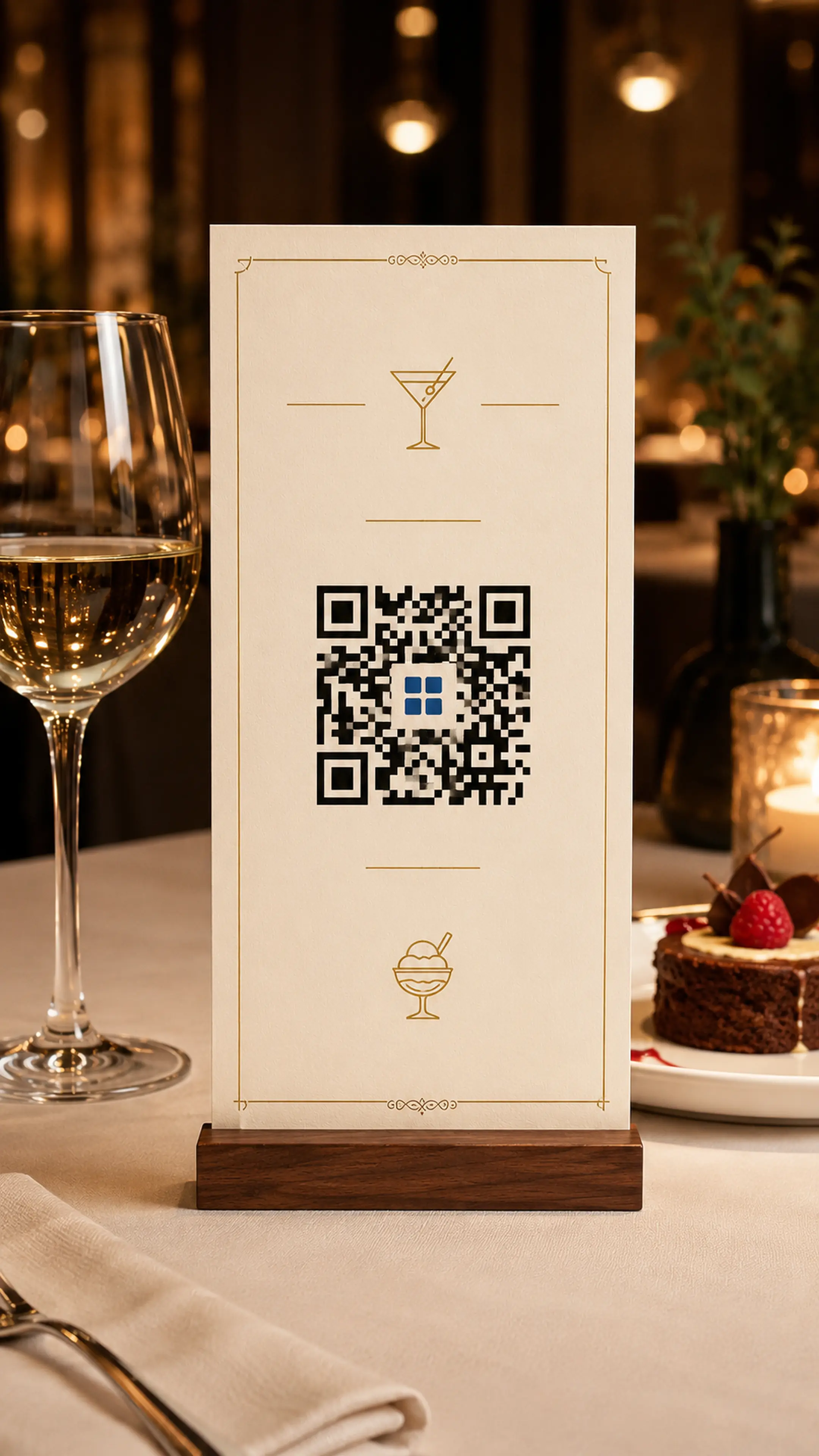 A drinks and desserts card on a restaurant table, with a QR code